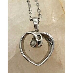Vintage ATI Open Heart Diamond Sterling 925 Silver‎ Pendant 18'' Necklace Dainty